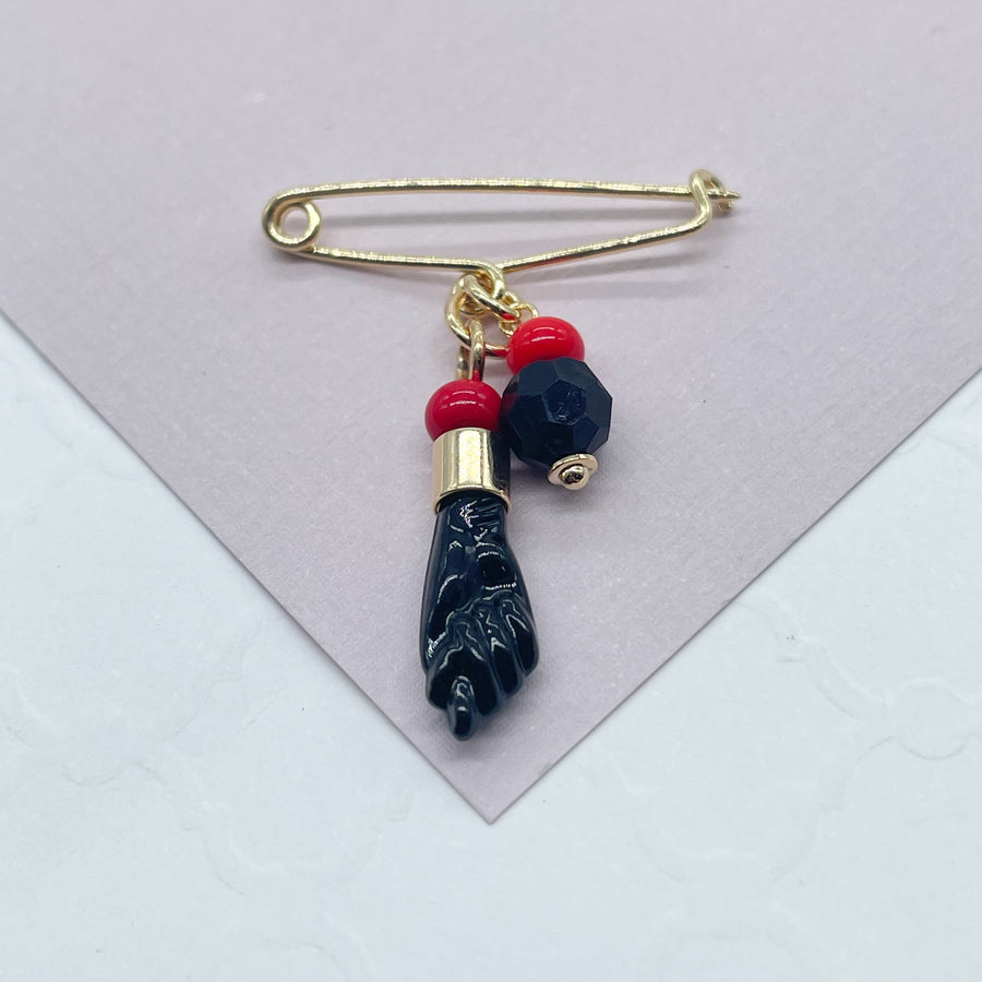 Imperdible de oro laminado de 18k con piedra de azabache simulada, protección para bebés, buena suerte, suministros