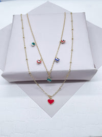 18k Gold Layered Layered Thin Satellite Chain Necklaces with 5 Colorful Evil Eyes