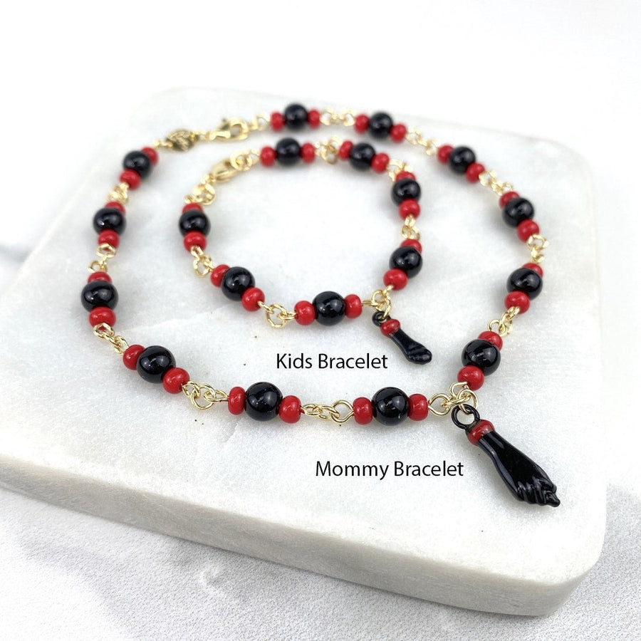Pulsera Mano Figa Azabache Negra y Roja Oro 18K