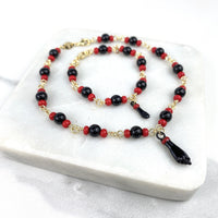 Pulsera Mano Figa Azabache Negra y Roja Oro 18K