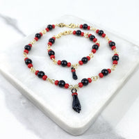 Pulsera Mano Figa Azabache Negra y Roja Oro 18K