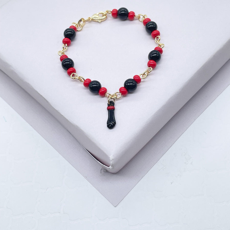 18k Gold Layered Kids Beaded Bracelet With Black "Figa" Hand & Simulated Azabache
