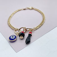 18k Gold Layered Double Cuban Link Bracelet With Blue Evil Eye, Simulate Azabache