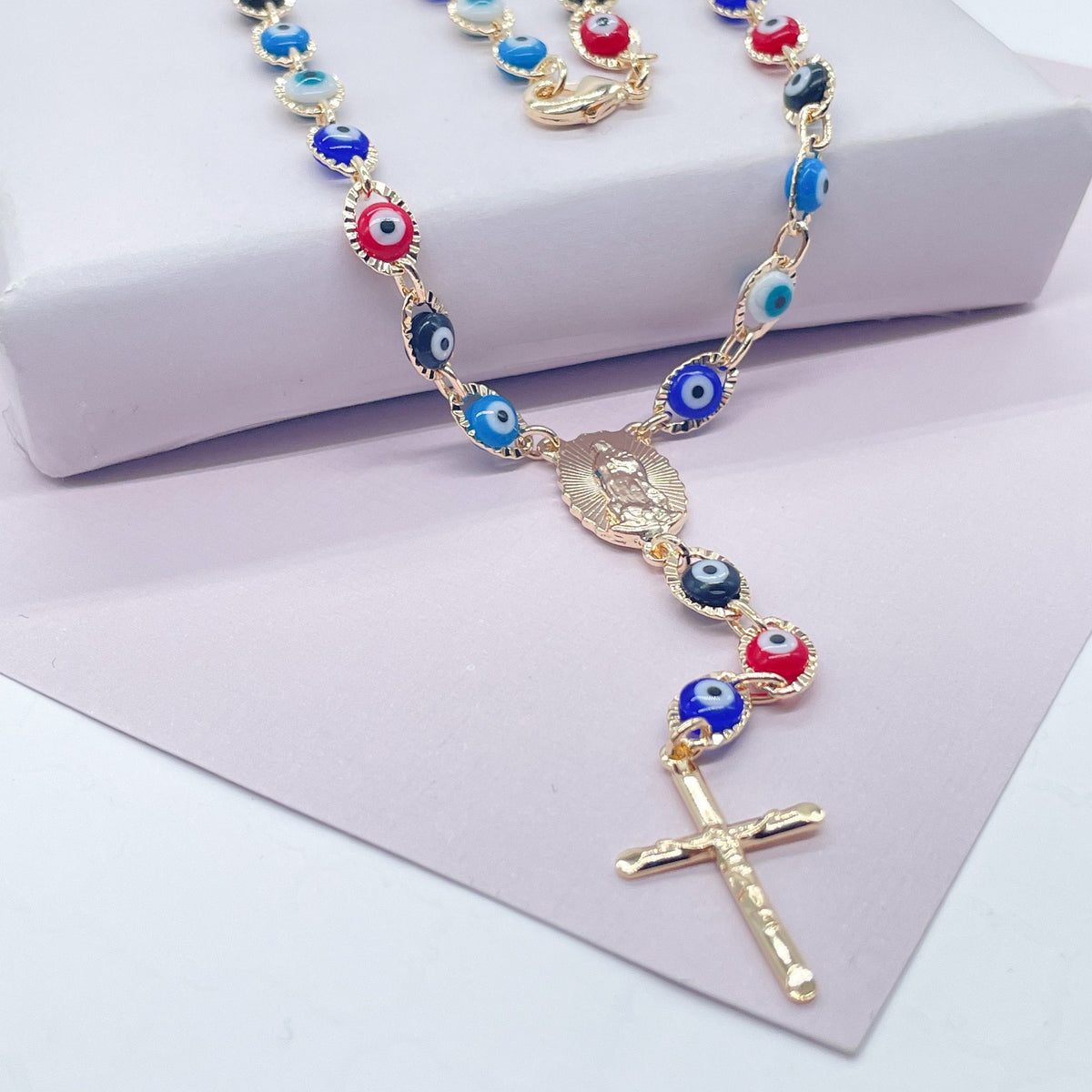 18k Gold Layered 24” long Colorful Evil Eye Rosary Style Necklace Featuring Our