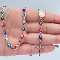 18k Gold Layered 24” long Colorful Evil Eye Rosary Style Necklace Featuring Our