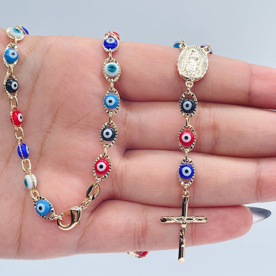 18k Gold Layered 24” long Colorful Evil Eye Rosary Style Necklace Featuring Our