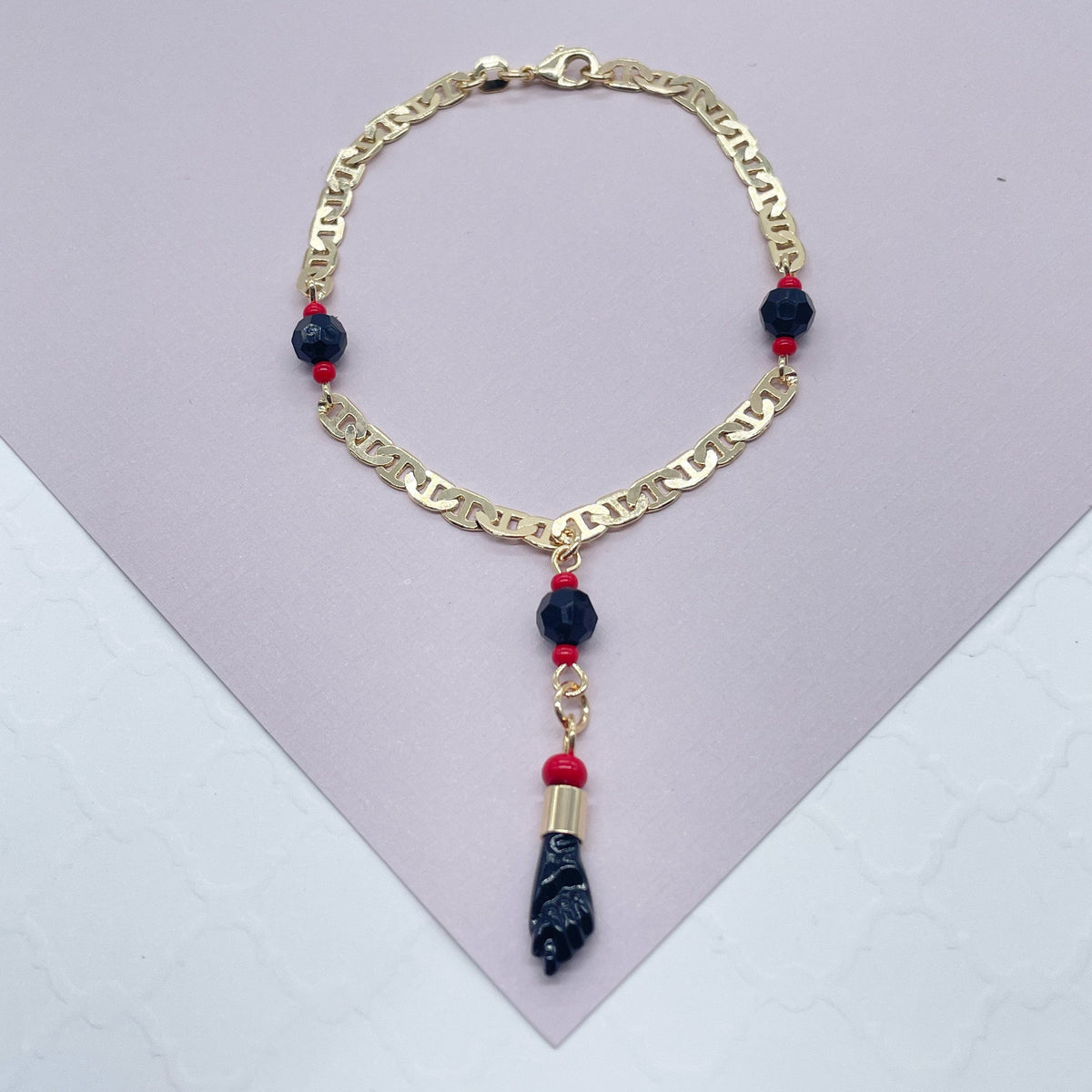 18k Gold Layered Mariner Link Bracelet Featuring Figa And Simulated Azabaches for