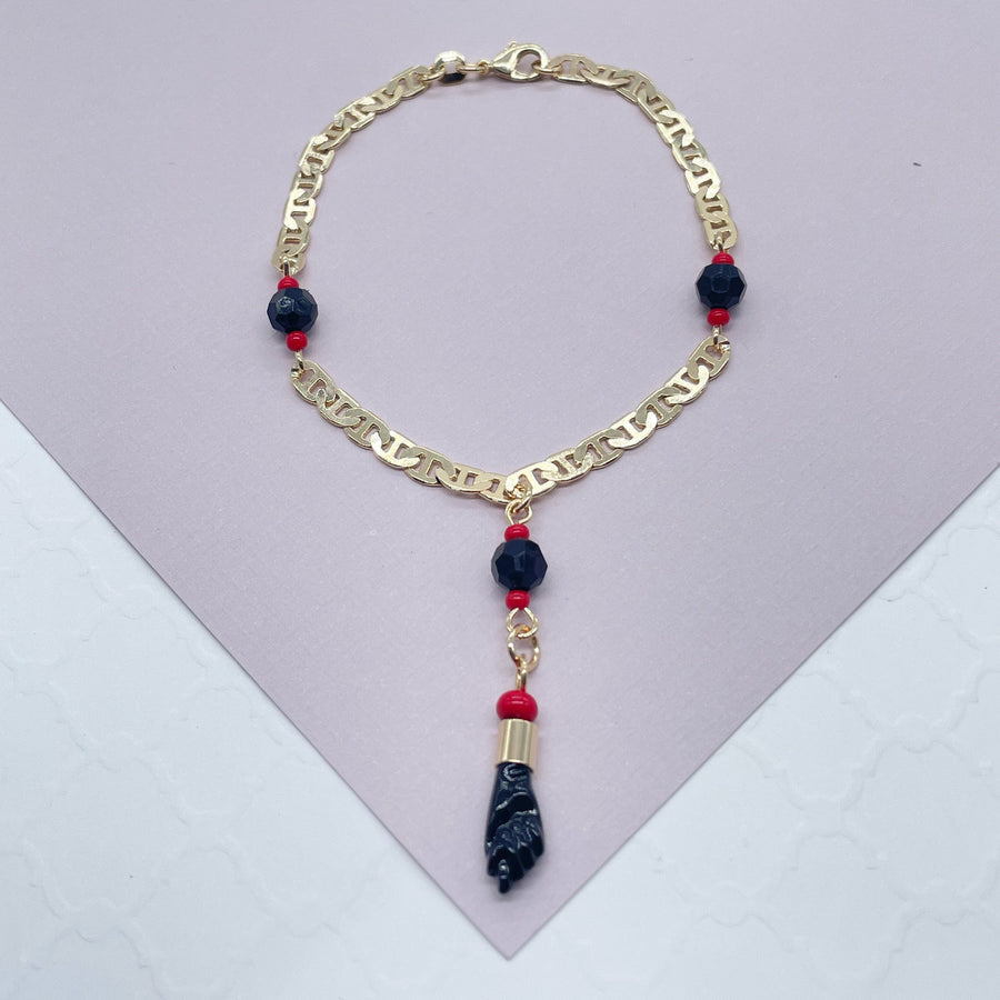 18k Gold Layered Mariner Link Bracelet Featuring Figa And Simulated Azabaches for