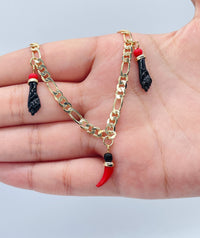 4mm 18k Gold Layered Figaro Charm Anklet Featuring Chili Luck & Black Figa Hand
