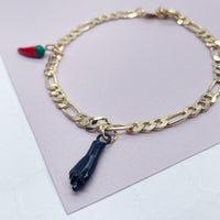 18k Gold Layered 4mm Figaro Charm Bracelet With Black Figa Hand and Black & Green