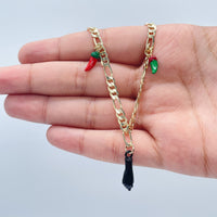 18k Gold Layered 4mm Figaro Charm Anklet With Black "Figa" Hand Red & Green