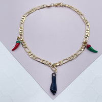 18k Gold Layered 4mm Figaro Charm Anklet With Black "Figa" Hand Red & Green