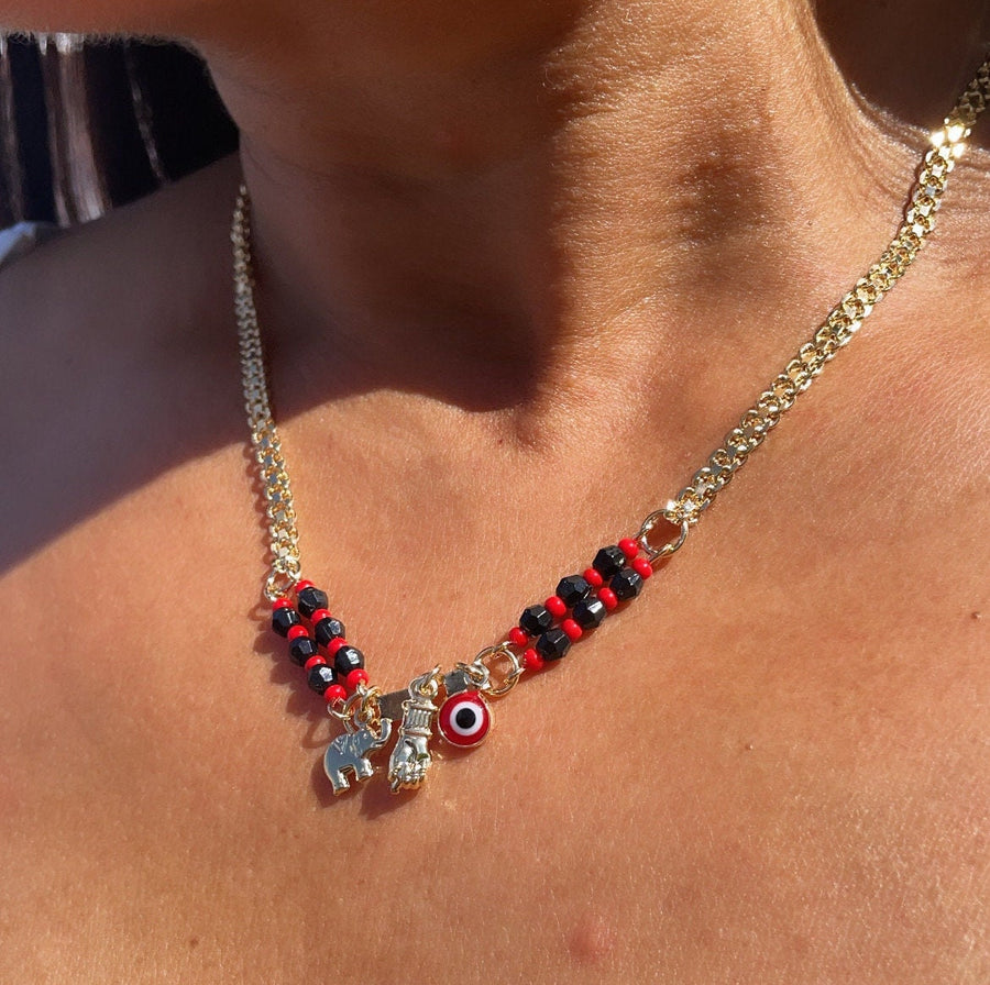 18k Gold Layered Protection “Figa” Hand, Red Evil Eye, Luck Elephant Charm