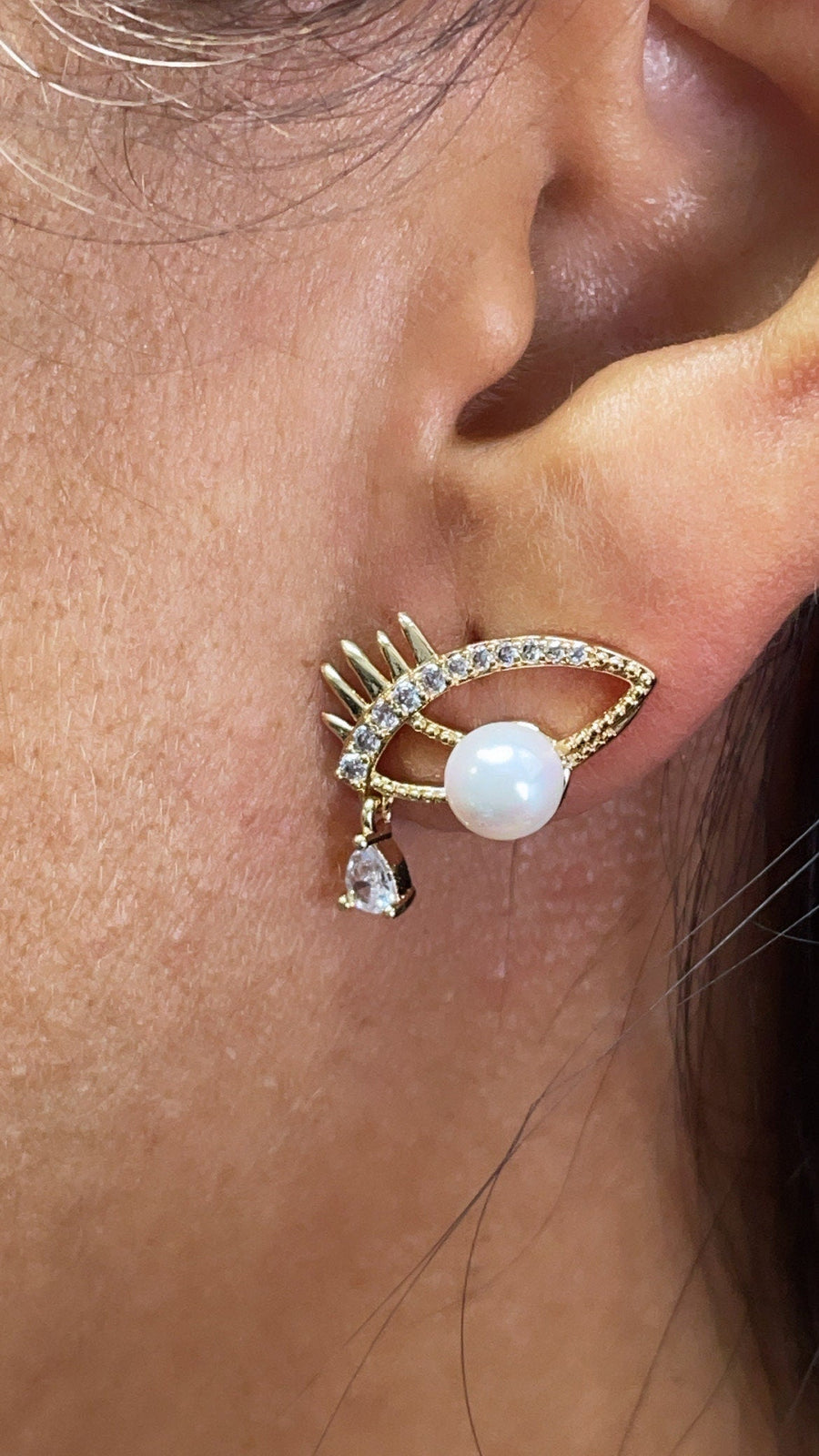 18k Gold Layered Evil Eye Earring With Pearl Ball Eye And Teardrop Cubic Zirconia