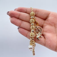 18k Gold Layered Lucky Charms Featuring Hamsa Clover Elephant Chili Pearl Peace Sign