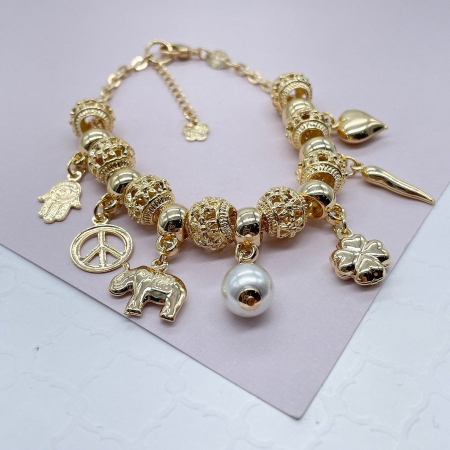 18k Gold Layered Lucky Charms Featuring Hamsa Clover Elephant Chili Pearl Peace Sign