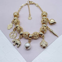 18k Gold Layered Lucky Charms Featuring Hamsa Clover Elephant Chili Pearl Peace Sign