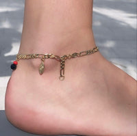 18k Gold Layered 4mm Figaro Link Charm Anklet Featuring Hamsa, Simulated