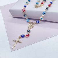 18k Gold Layered 24” long Colorful Evil Eye Rosary Style Necklace Featuring Our