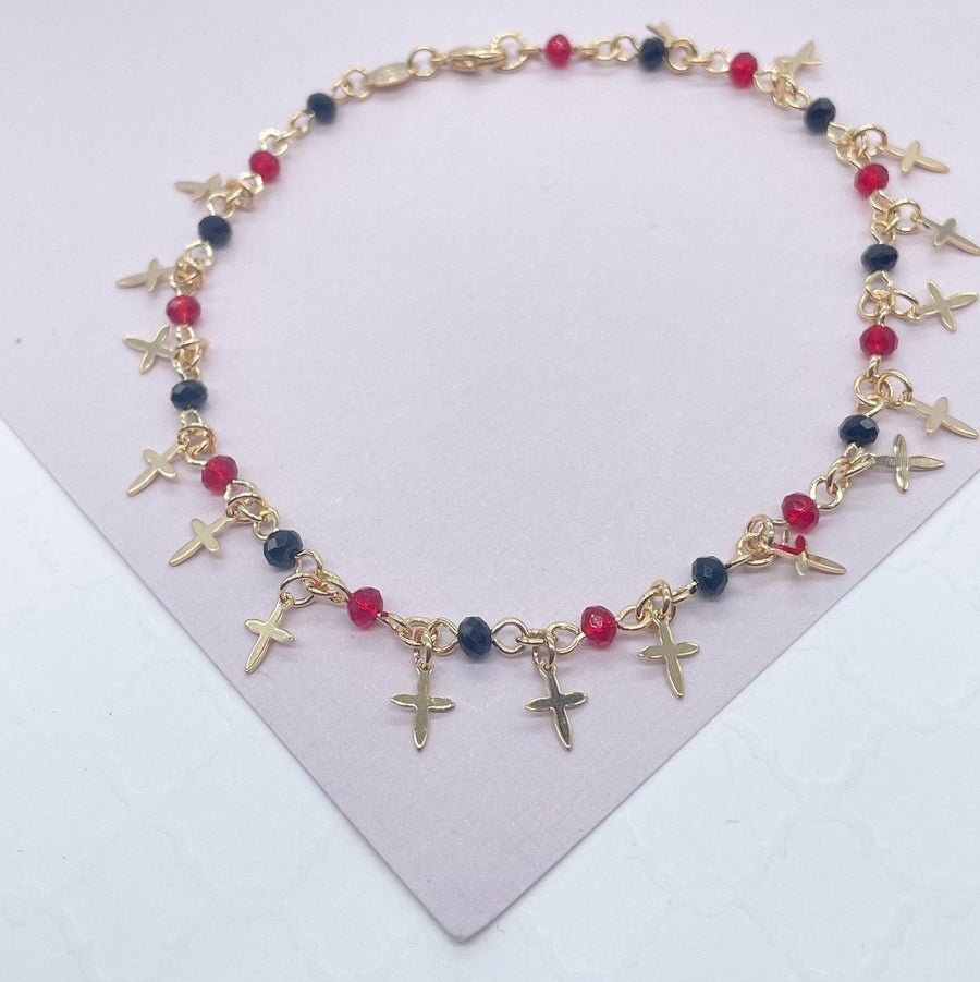 18k Gold Layered Red and Black Bead Charm Anklet Bracelet Featuring 17 Tiny