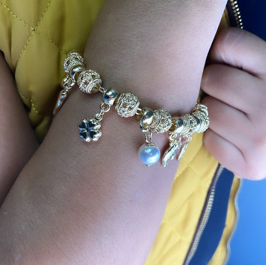 18k Gold Layered Lucky Charms Featuring Hamsa Clover Elephant Chili Pearl Peace Sign