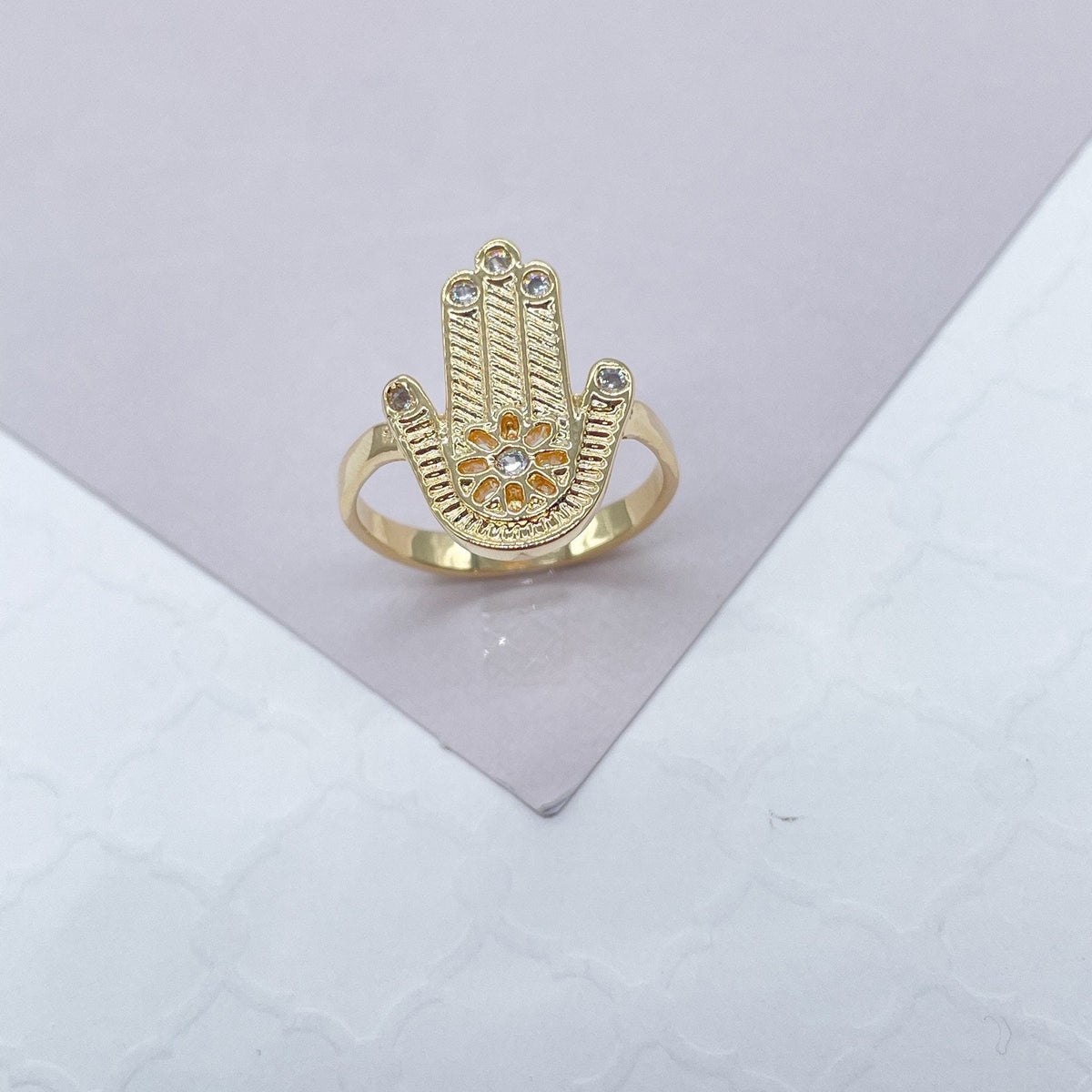 18k Gold Filled Hamza Ring with a Daisy Flower and Micro Pave Zirconia Stones Wholesale Jewelry Supplies