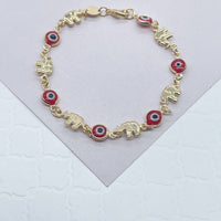 18k Gold Filled Elephant and Evil Eye Bracelet Featuring Red And Blue Evil