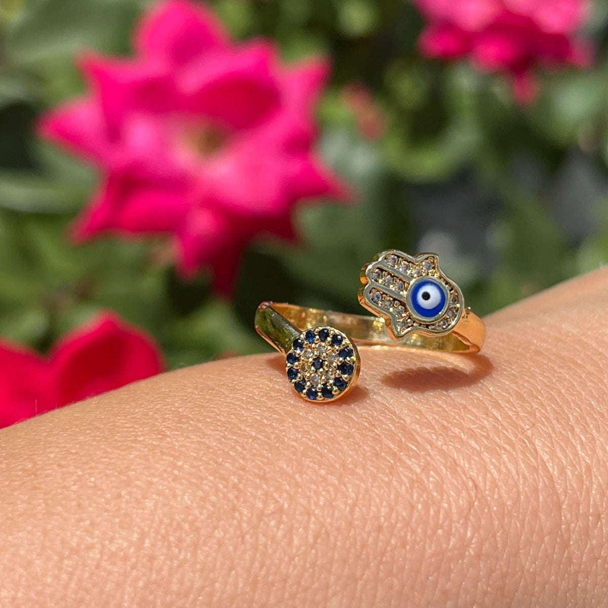 Anillo Ojo Turco Mano de Fátima Oro 14K Apilable