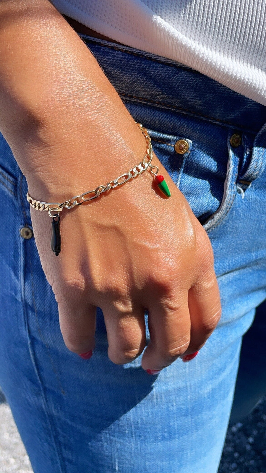 18k Gold Layered 4mm Figaro Charm Bracelet With Black Figa Hand and Black & Green