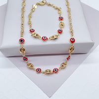 18k Gold Layered Mariner Link Mixed Blue Eye Bracelet And Necklace