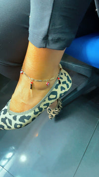 18k Gold Layered Red Evil Eye & Black "Figa" Protection Anklet in a Figaro Chain