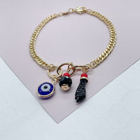 18k Gold Layered Double Cuban Link Bracelet With Blue Evil Eye, Simulate Azabache