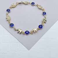 18k Gold Filled Elephant and Evil Eye Bracelet Featuring Red And Blue Evil