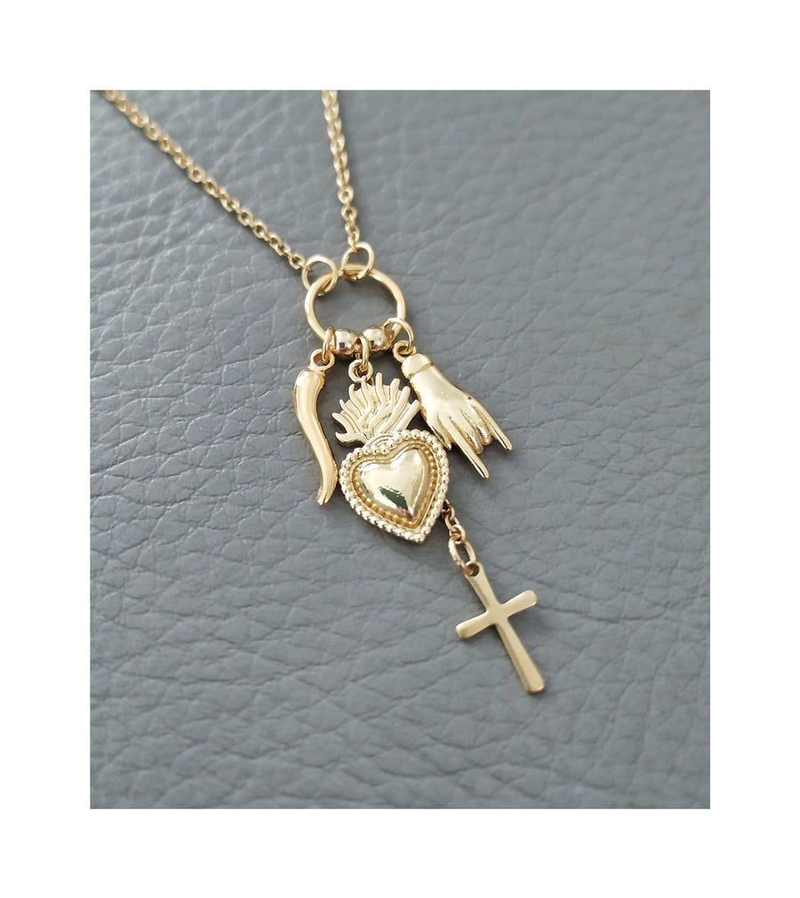 Collar con amuleto de la suerte, collar con colgante de cuerno del Sagrado Corazón, joyería con colgante de cuerno italiano dorado, amuletos protectores Cornicello, regalos italianos