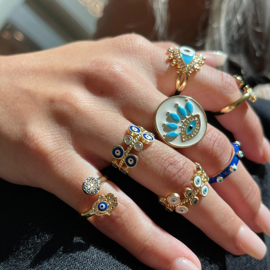 Anillo Protección Ojo Turco Baño de Oro Hecho a Mano