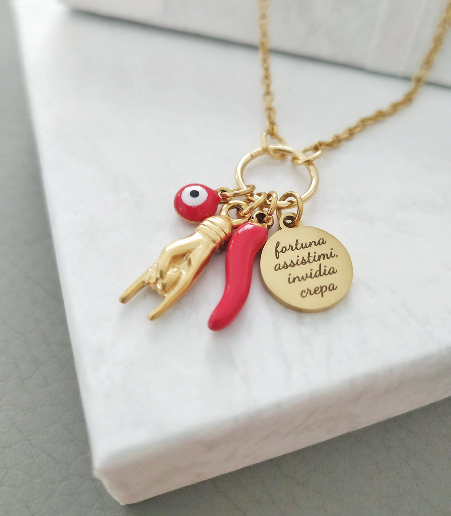 Cornicello Collar de encanto italiano para protección, Fortuna Assistimi Invidia Crepa