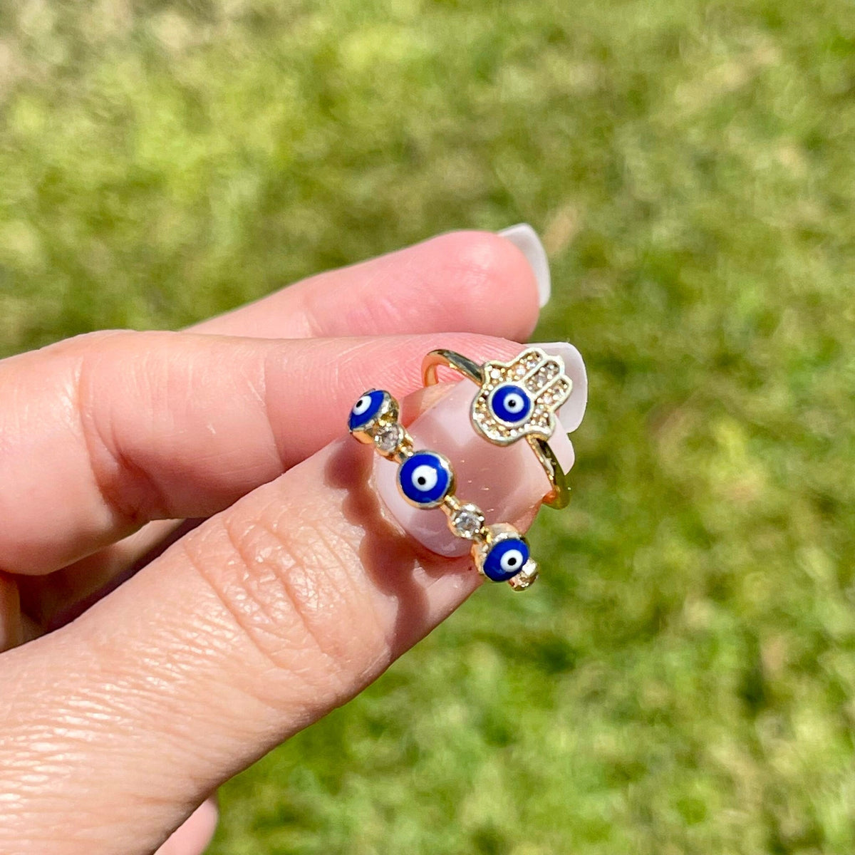 Anillo Ojo Turco y Mano de Fátima Dorado Artesanal