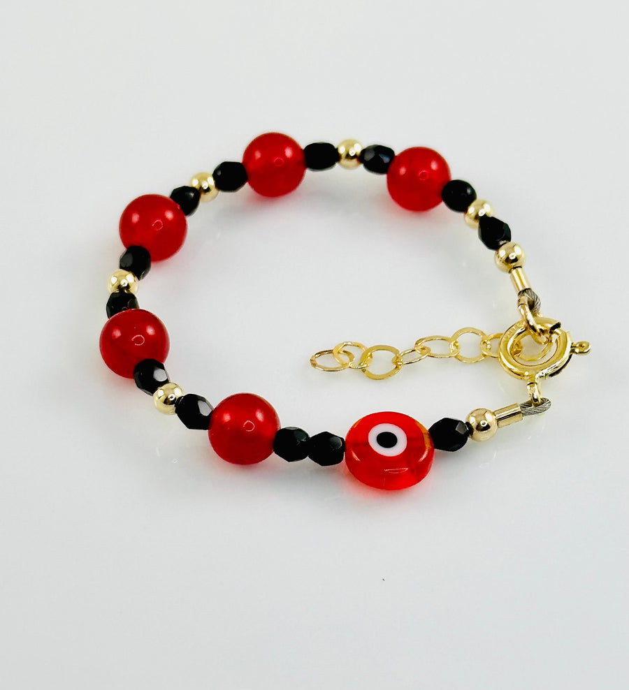 Pulsera Infantil Jade Rojo y Ojo Turco Dorada