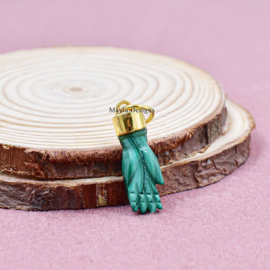 14K Yellow Gold Plated Loop Figa Charm, Malachite Figa Charm, Woman Lucky Figa Charm, Carving Figa Charm