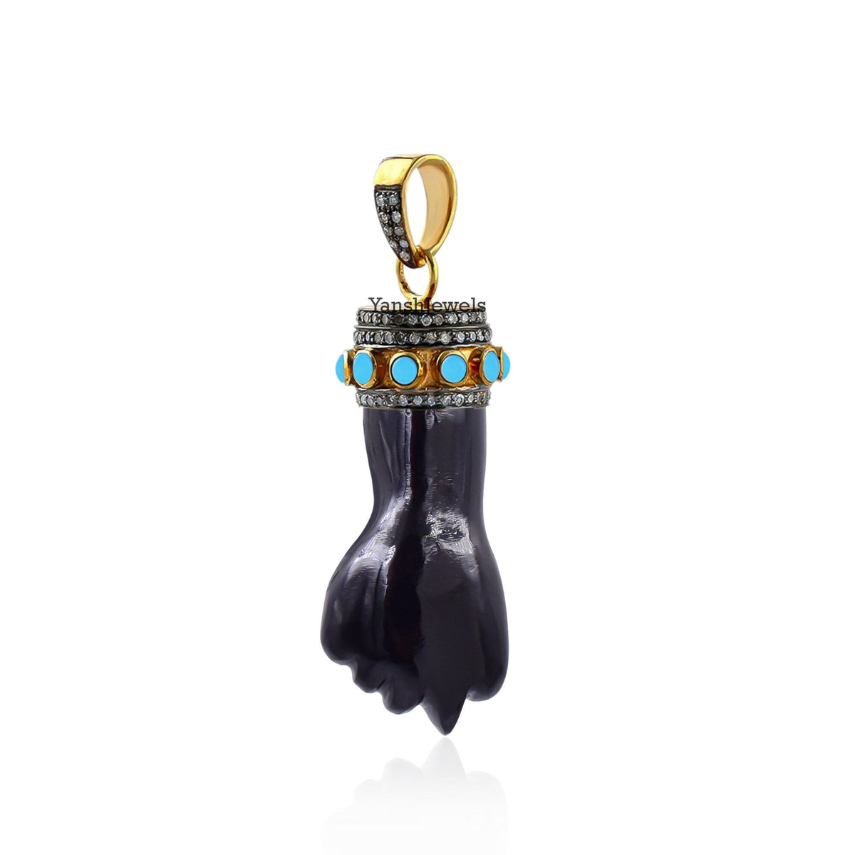 Colgante de mano de la suerte con ónix negro y diamantes chapados en oro y gris.