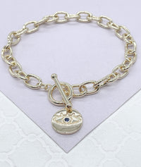18k Gold Filled Chunky Link Toggle Bracelet with Evil Eye Charm, Summer Jewlery, Evil Eye Jewlery, Protection Jewlery, For Her