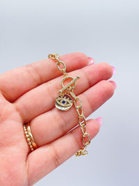 18k Gold Filled Chunky Link Toggle Bracelet with Evil Eye Charm, Summer Jewlery, Evil Eye Jewlery, Protection Jewlery, For Her