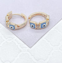 18k Gold Filled Blue Evil Eye Hoop Earrings With Small CZ Stone