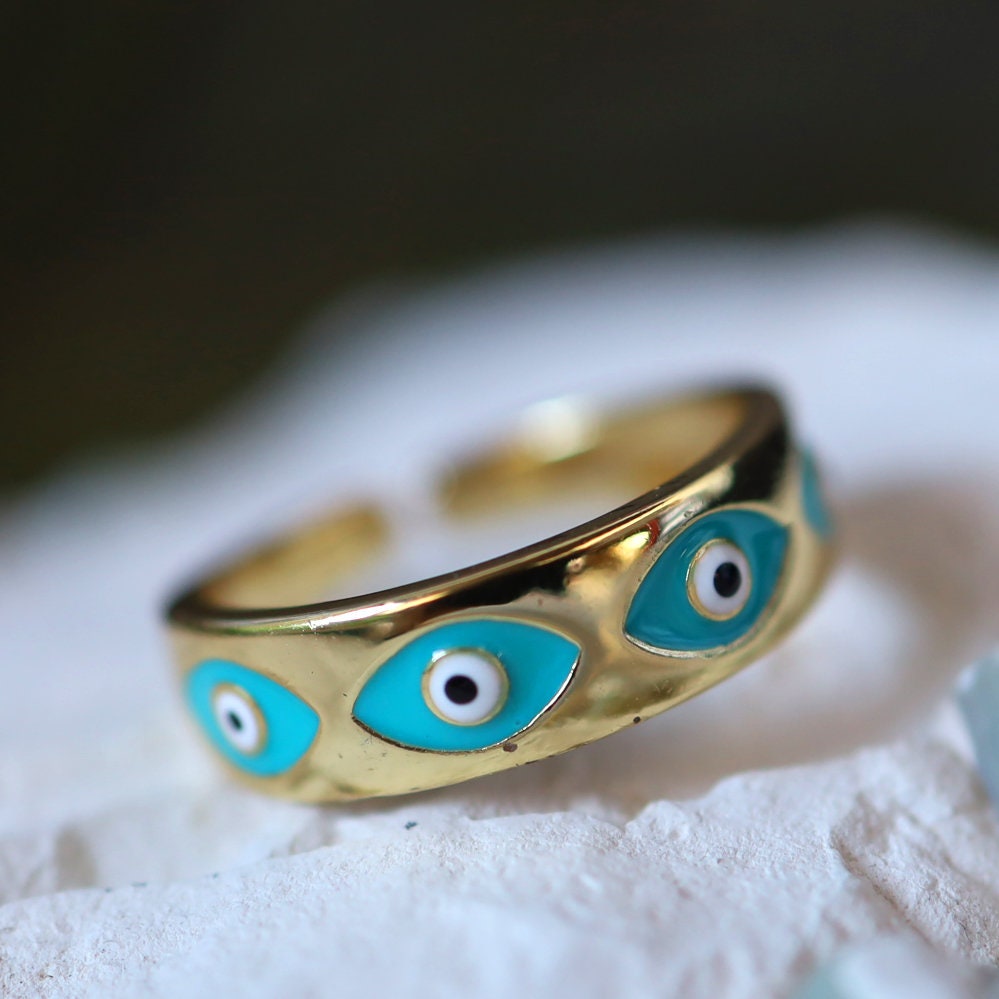 Anillo Ojo Turco Esmalte Dorado