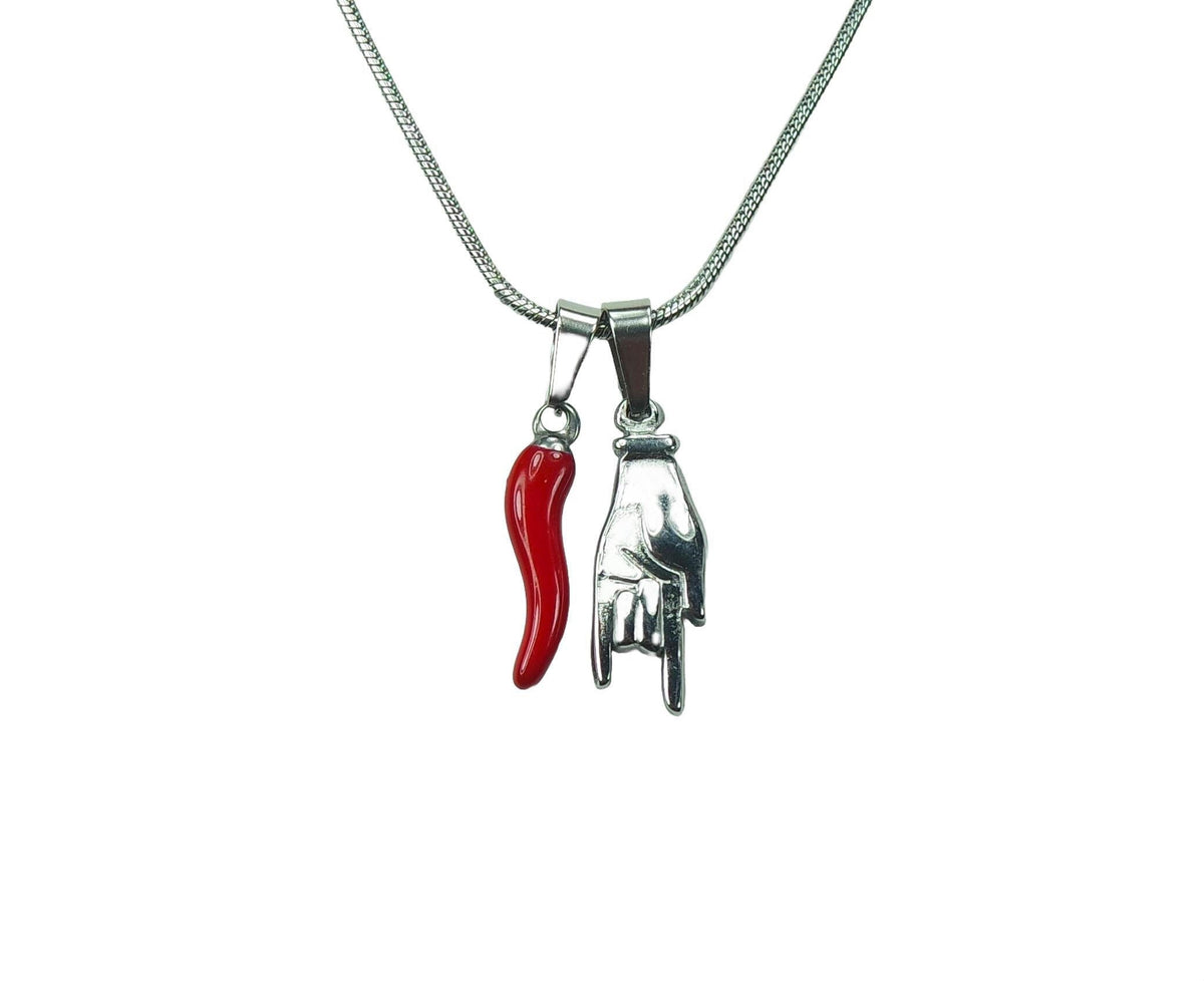 Collar pequeño de Cornicello y Mano Cornuto rojos, mano y cuerno italianos de la suerte, acero inoxidable resistente al agua, amuleto protector de la buena suerte.