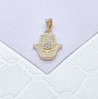 18k Gold Filled Mini Hamsa Hand Pendant With Dainty Evil Eye in Center