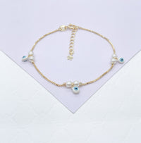 18k Gold Filled Simple Dainty Pearl Bracelet With Dangling Blue Evil Eye Charms