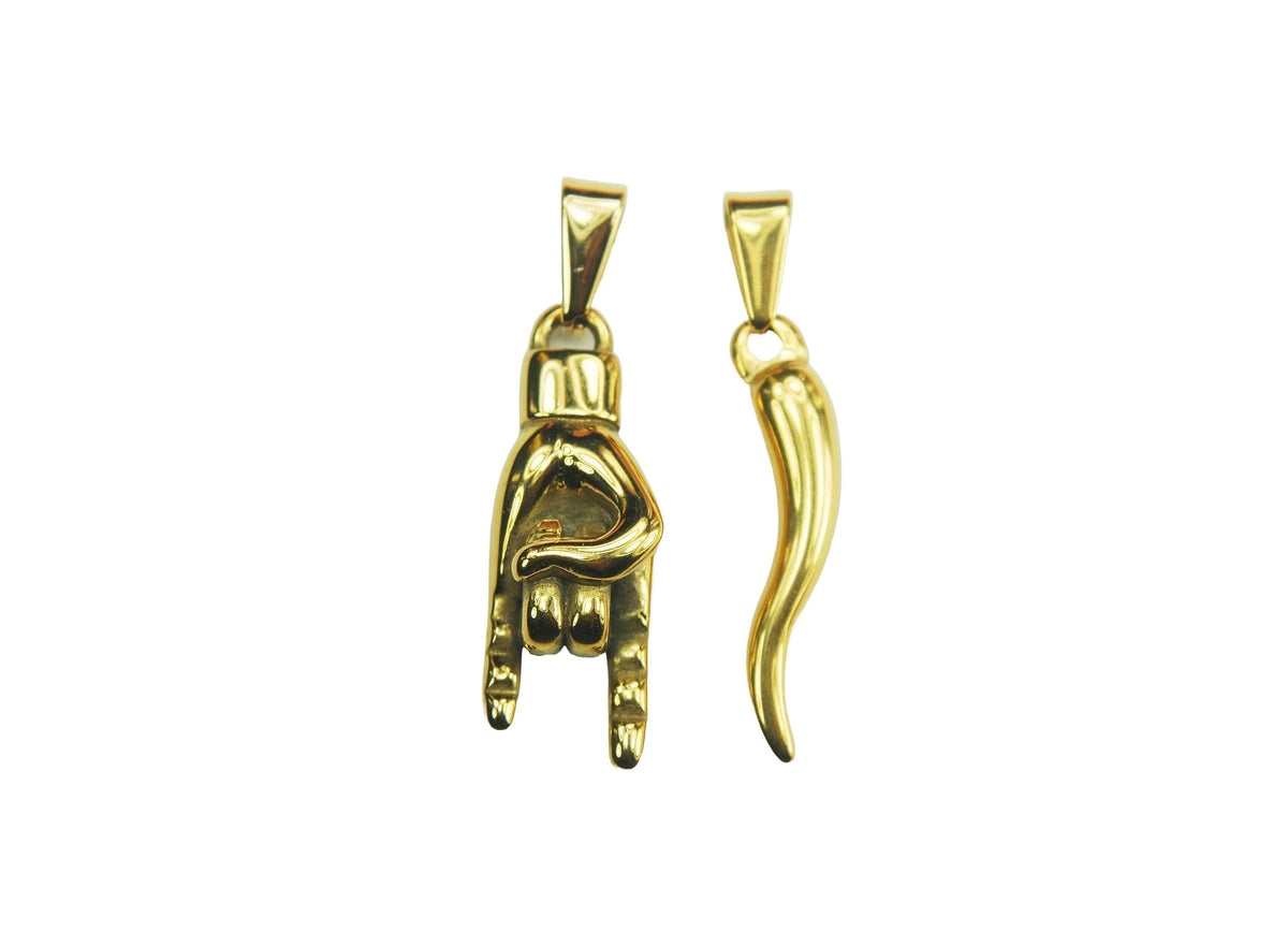 Encantos italianos, colgantes Mano Cornuto y Cornicello, protección de cuerno de mano inoxidable de oro Le Corna Corno Portafortuna Cuerno Rojo de Italia