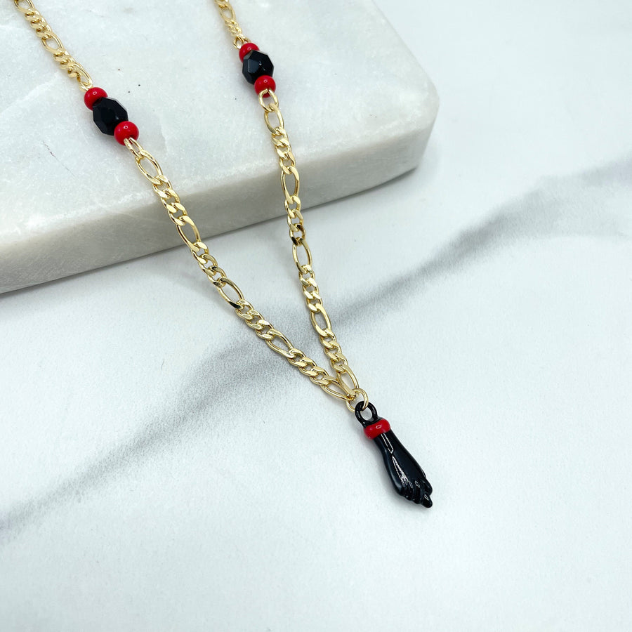 Collar de suerte y protección chapado en oro de 18 quilates, cadena Figaro de 3 mm, collar con dije de mano de azabache simulada y figaro, joyería al por mayor.