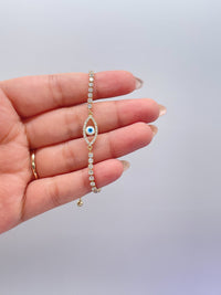 18k Gold Filled Adjustable Tennis Evil Eye Bracelet Featuring Slide Clasp Hypoallergenic Jewelry, Tennis Bracelet, Dainty Evil Eye,